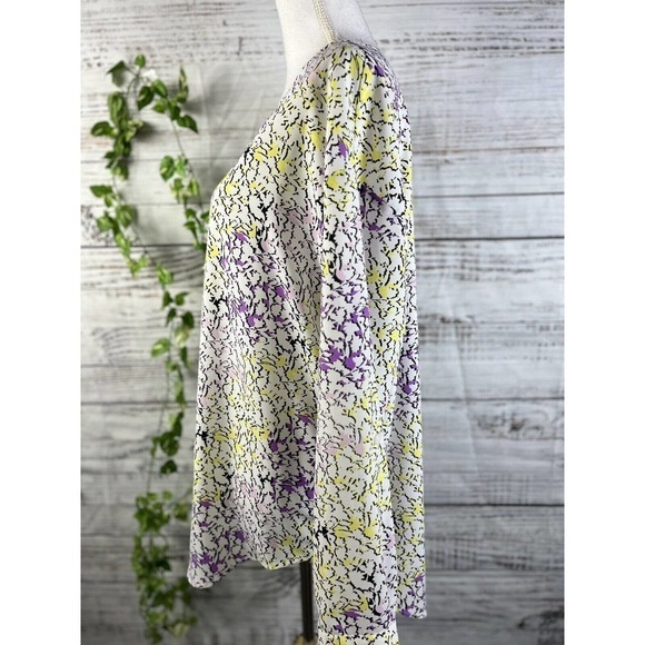 Liz Claiborne Blouse Tunic size Large Purple Yellow Floral Modest Career Slim - Picture 10 of 12